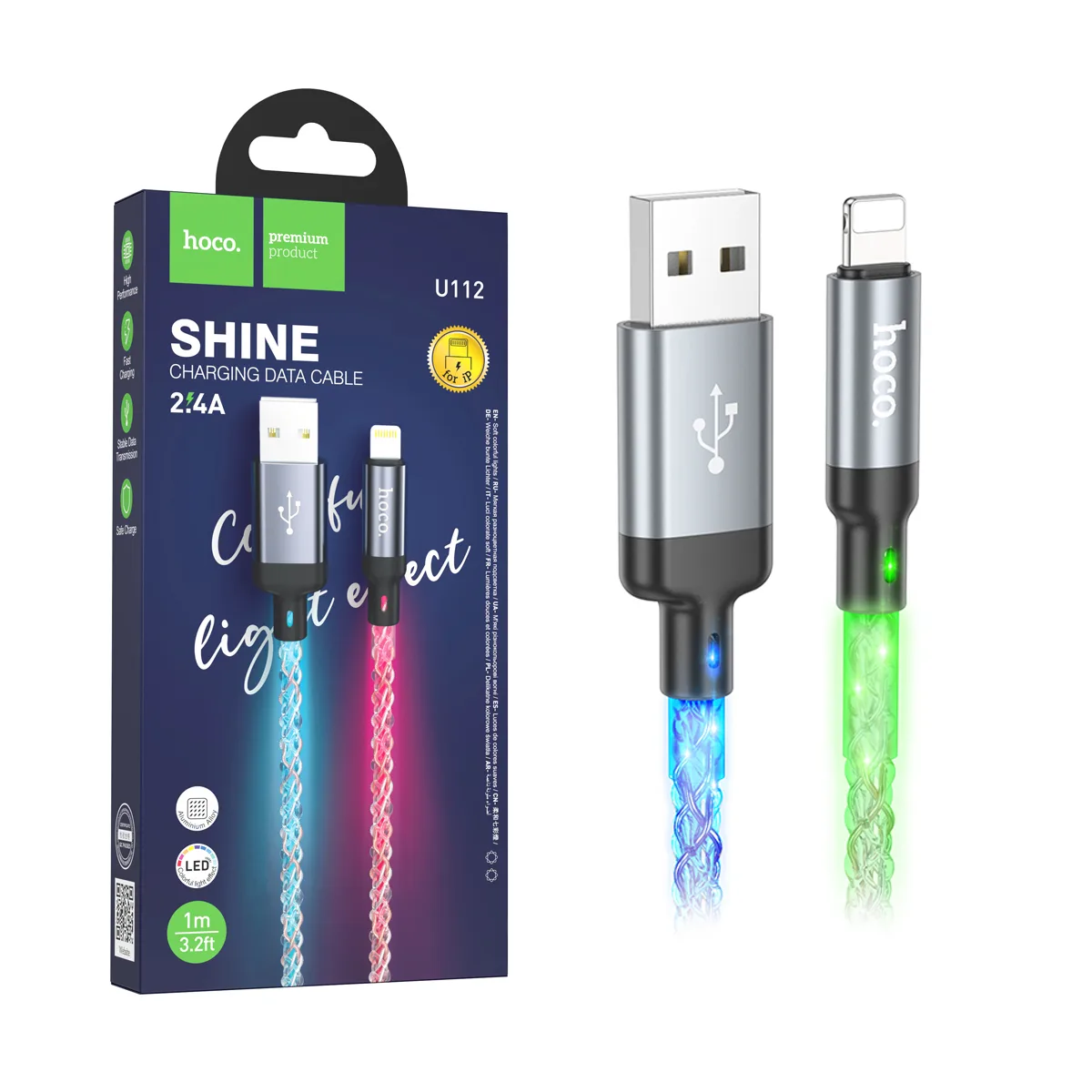 Кабель USB - Lightning Hoco U112 (2.4А, прозрачный светящийся) Серый