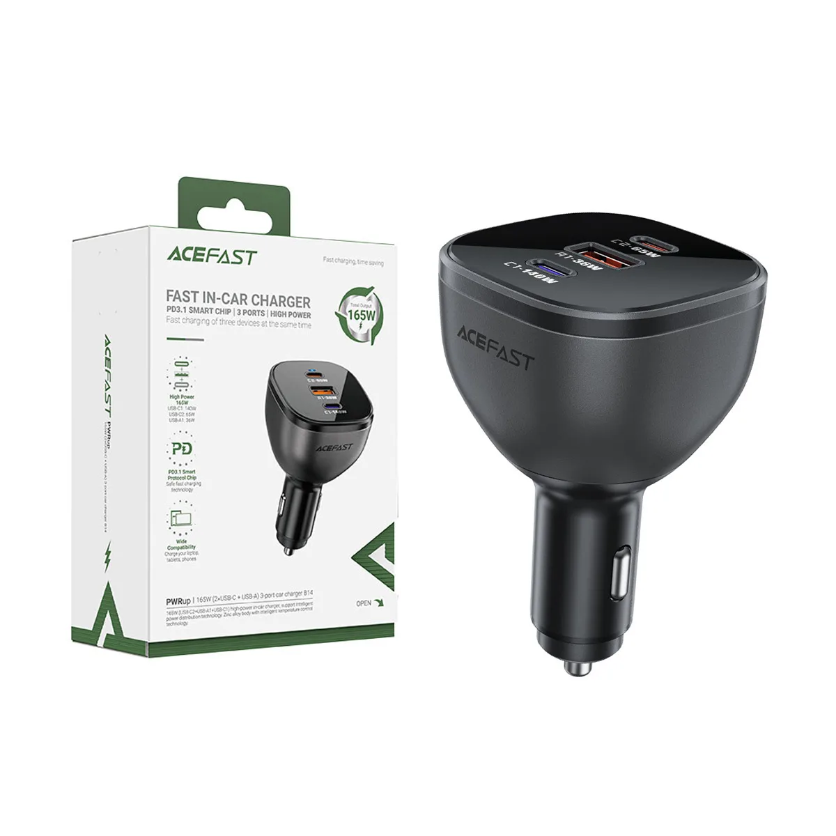 Автомобильное зарядное устройство USB/Type-C Acefast B14 (165W, QC3.0, PD, 2Type-C, 1USB) Черный