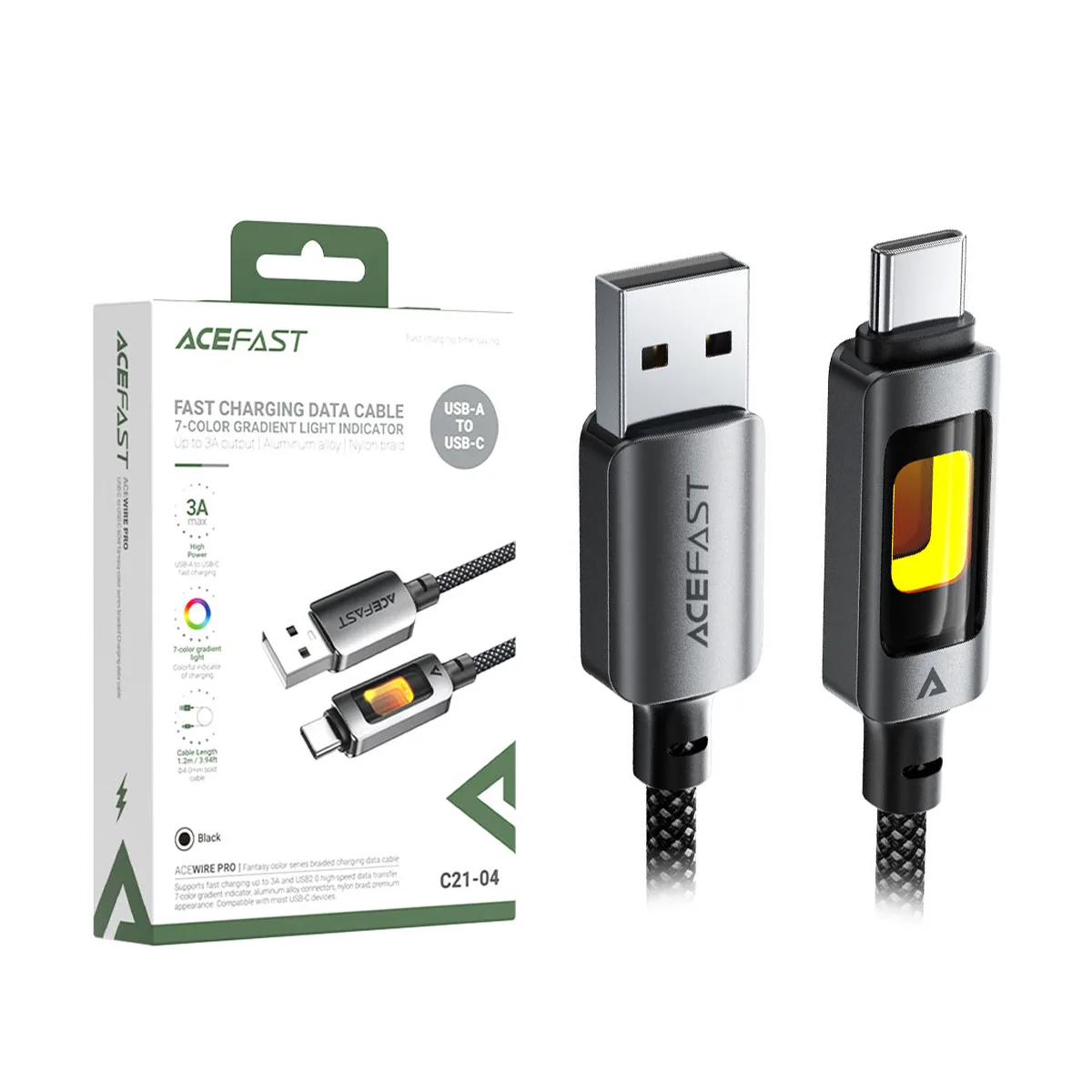 Кабель USB - Type-C Acefast C21-04 (3A, оплетка нейлон, 1.2 м) Черный
