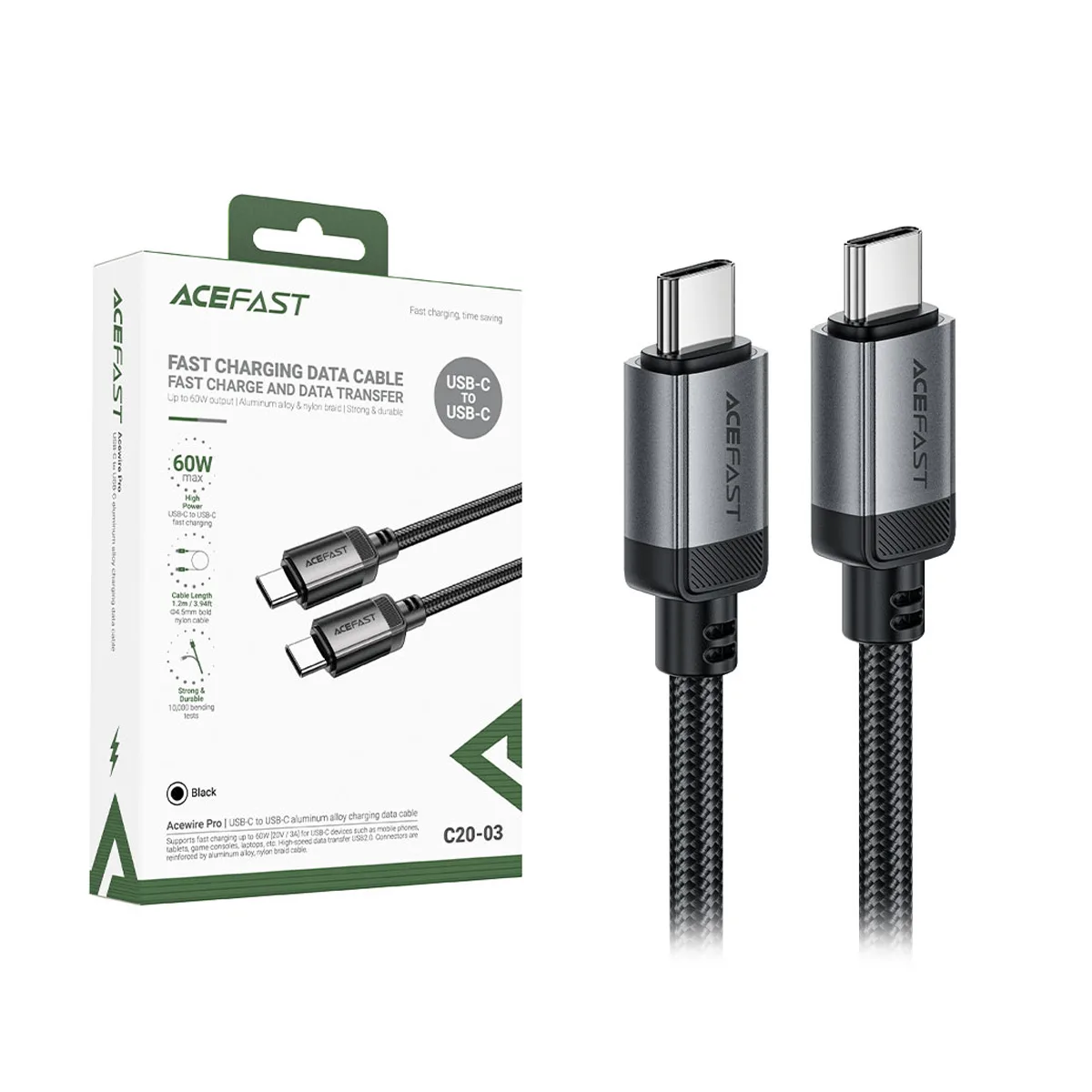 Кабель Type-C - Type-C Acefast C20-03 (3A, 60W, PD, оплетка нейлон, 1.2 м) Черный