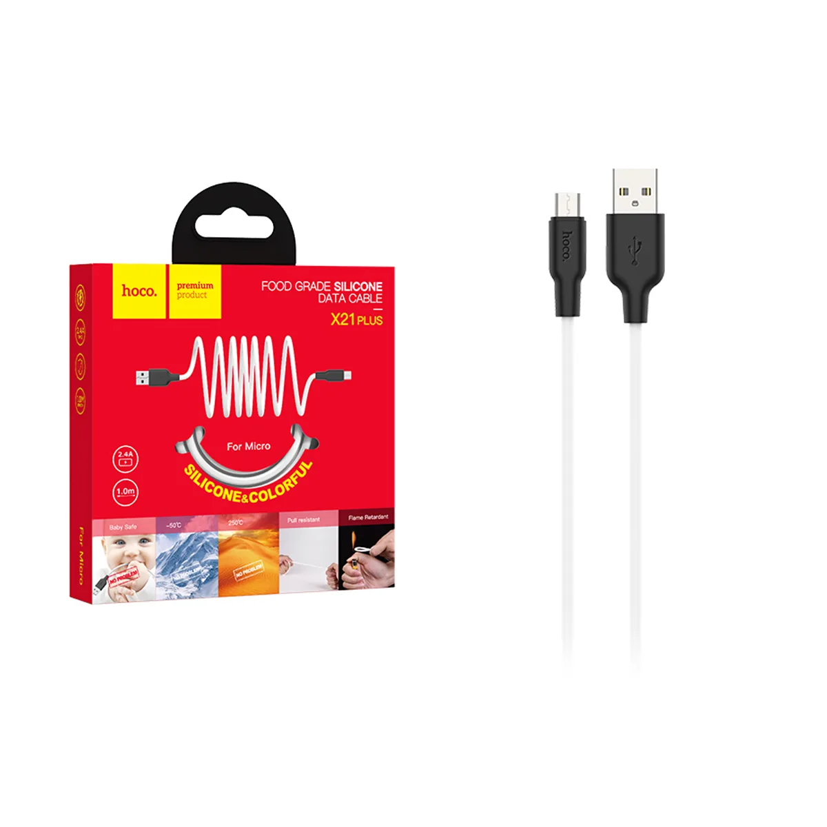 Кабель USB - MicroUSB Hoco X21 Plus (2.4A, силикон, термостойкий) Белый