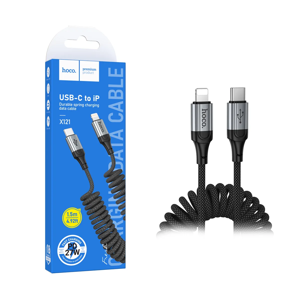 Кабель Type-C - Lightning Hoco X121 (3A, 27W, PD, 1.5 м, пружина) Черный