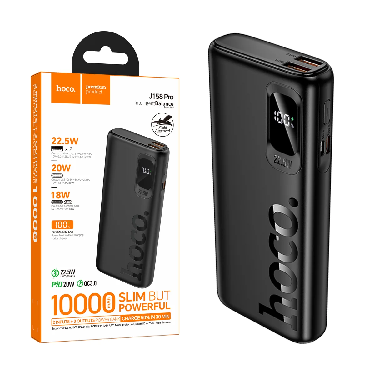 Внешний Аккумулятор (Power Bank) Hoco J158 Pro 10000 mAh (22.5W, 20W, PD, Type-C, LED дисплей) Черны