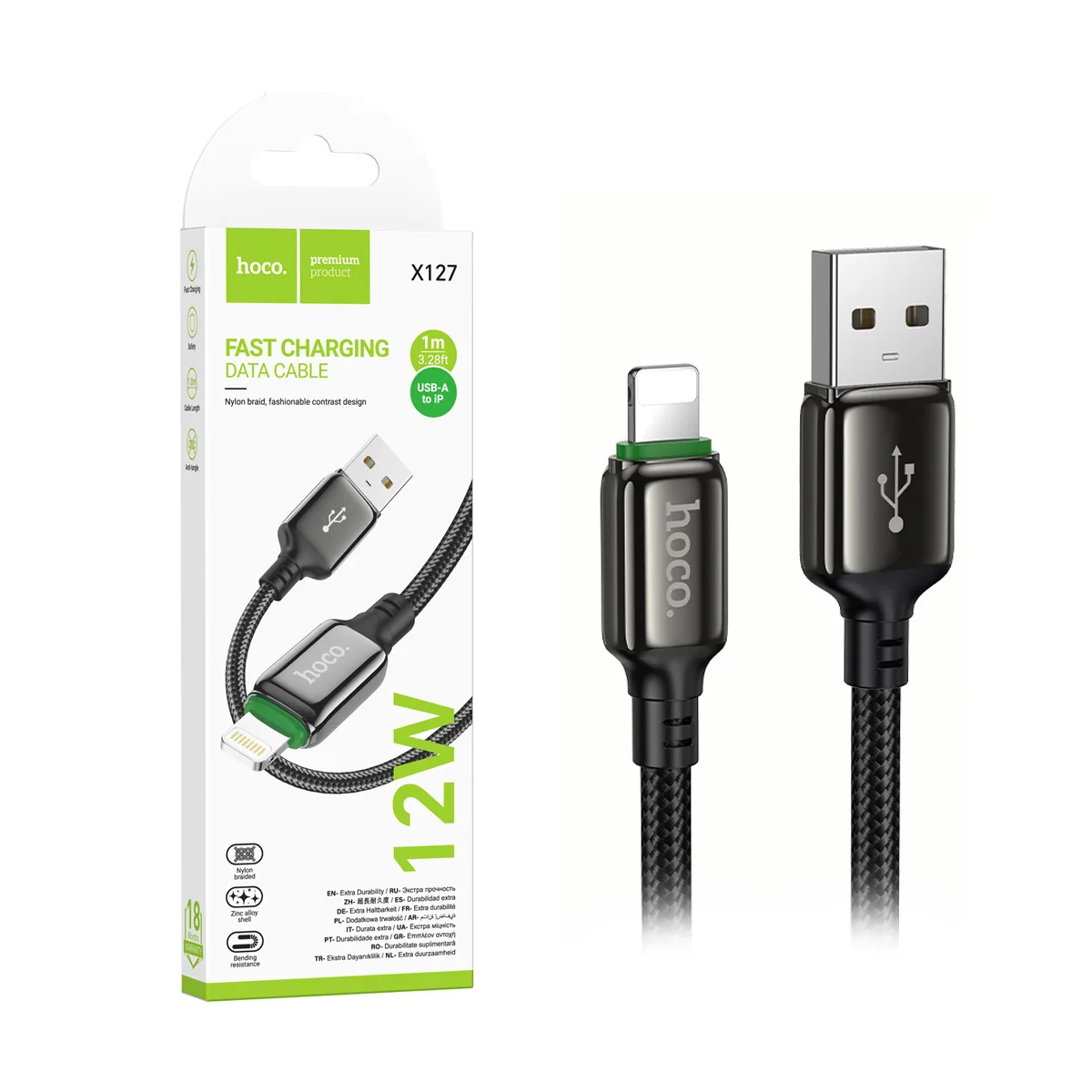 Кабель USB - Lightning Hoco X127 (12W, оплетка нейлон) Черный