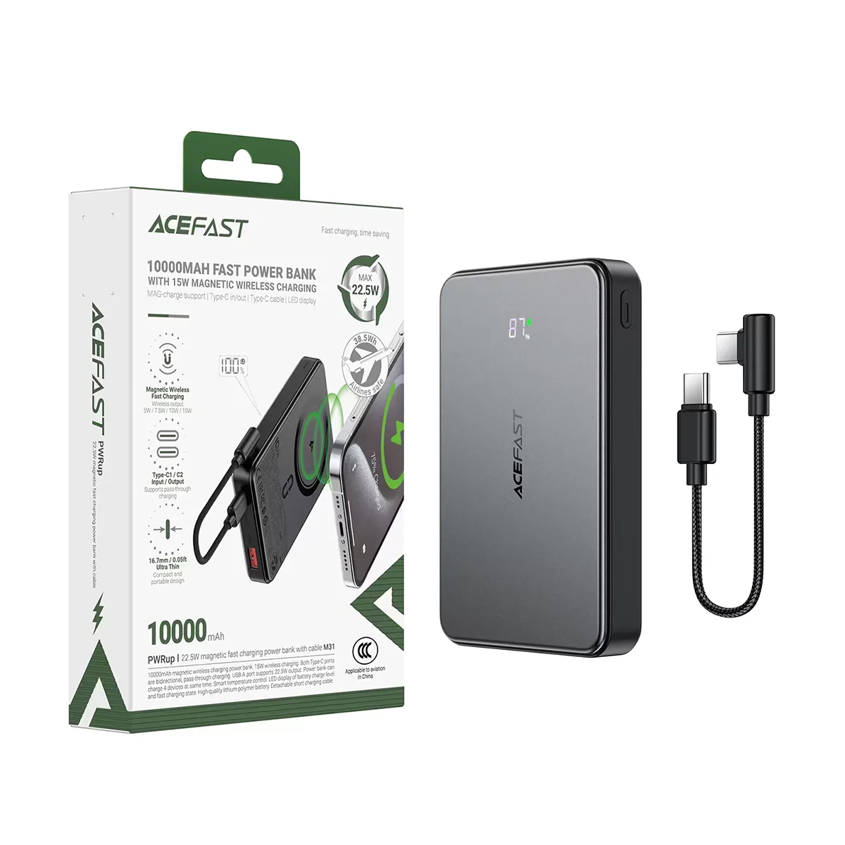 Внешний Аккумулятор (Power Bank) Acefast M31 10000 mAh (22.5W, PD, MagSafe 15W, Type-C, кабель Type