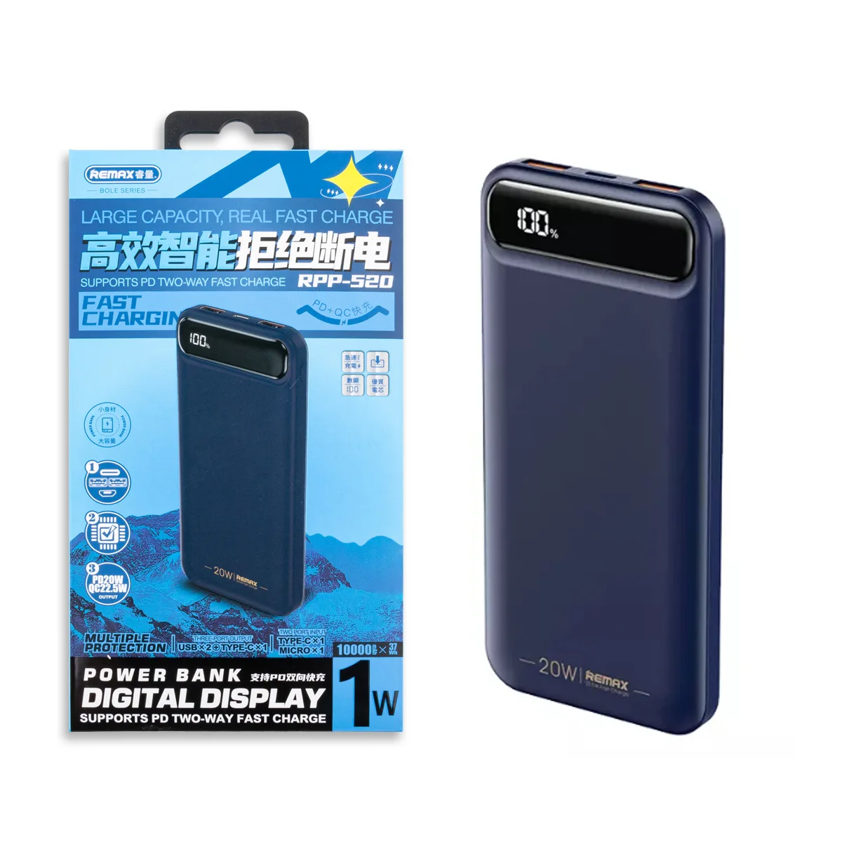 Внешний Аккумулятор (Power Bank) Remax RPP-520 10000 mAh (22,5W, QC3.0, PD, 2USB, MicroUSB, Type-C,
