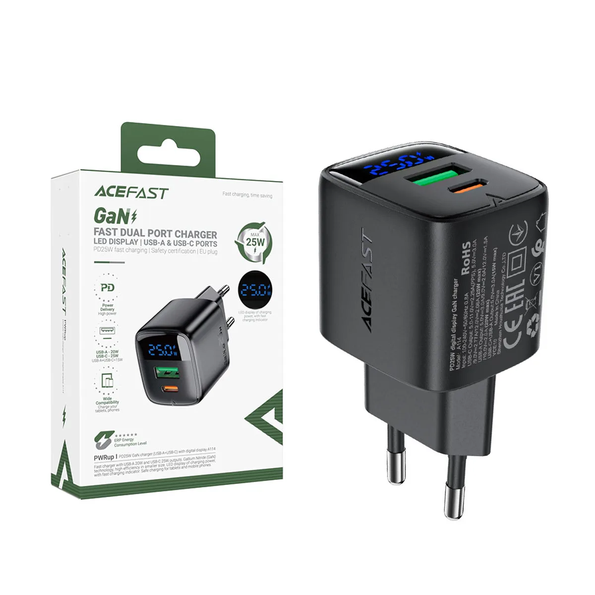 Сетевое зарядное устройство USB/Type-C Acefast A114 (25W, QC3.0, PD, 2 порта, GaN, с дисплеем) Черны