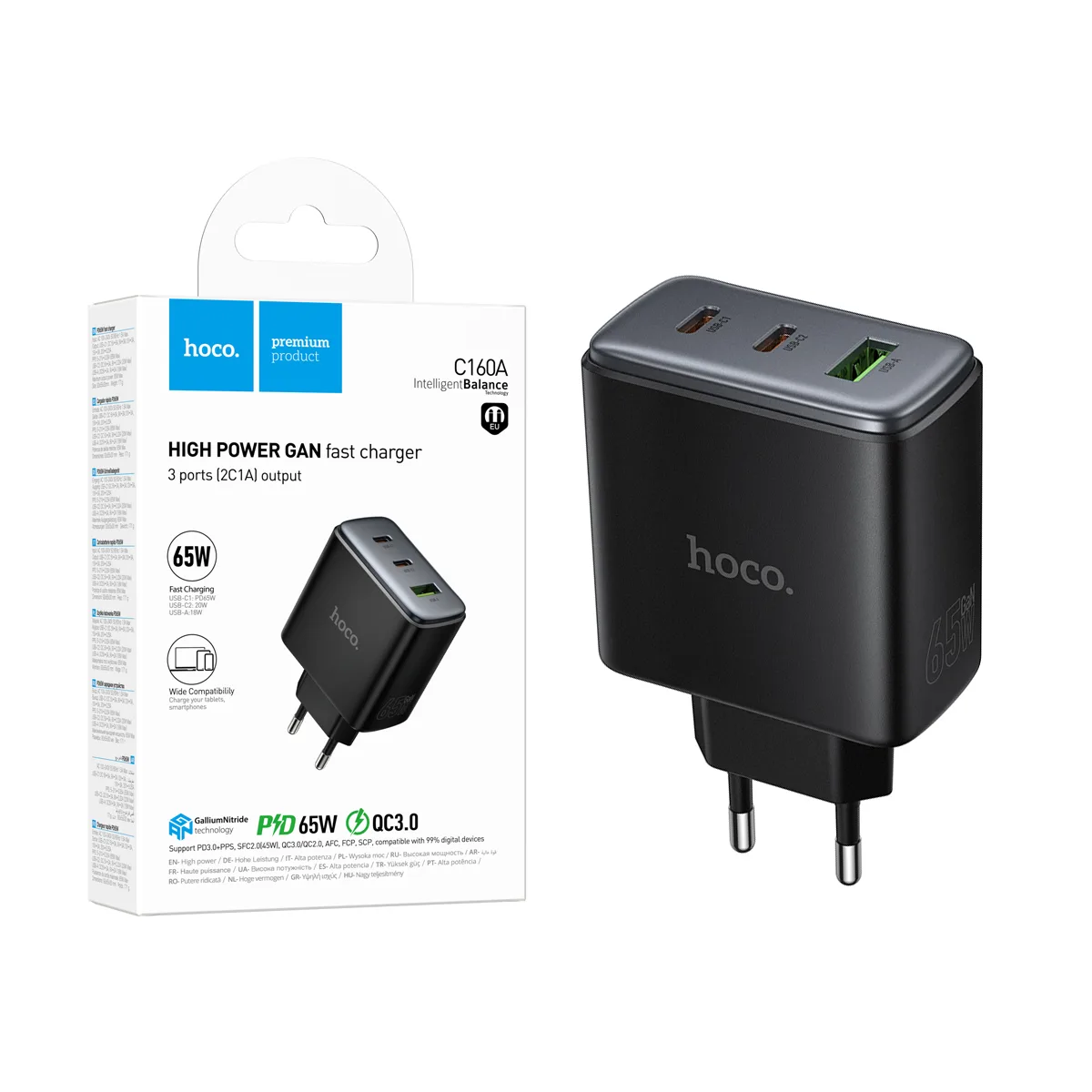 Сетевое зарядное устройство USB/Type-C Hoco C160A (65W, QC3.0, PD, 3 порта) Черный