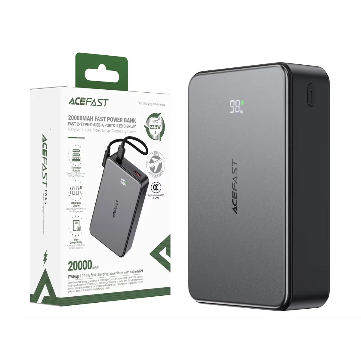 Внешний Аккумулятор (Power Bank) Acefast M29 20000 mAh (22.5W, 20W, PD, Type-C, кабель Type-C) Черны