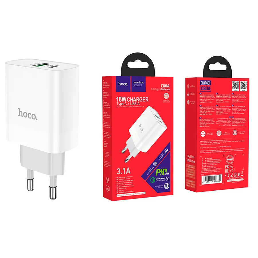 Сетевое зарядное устройство USB/Type-C Hoco C80A (20W, QC3.0, PD, 2 порта,) Белый